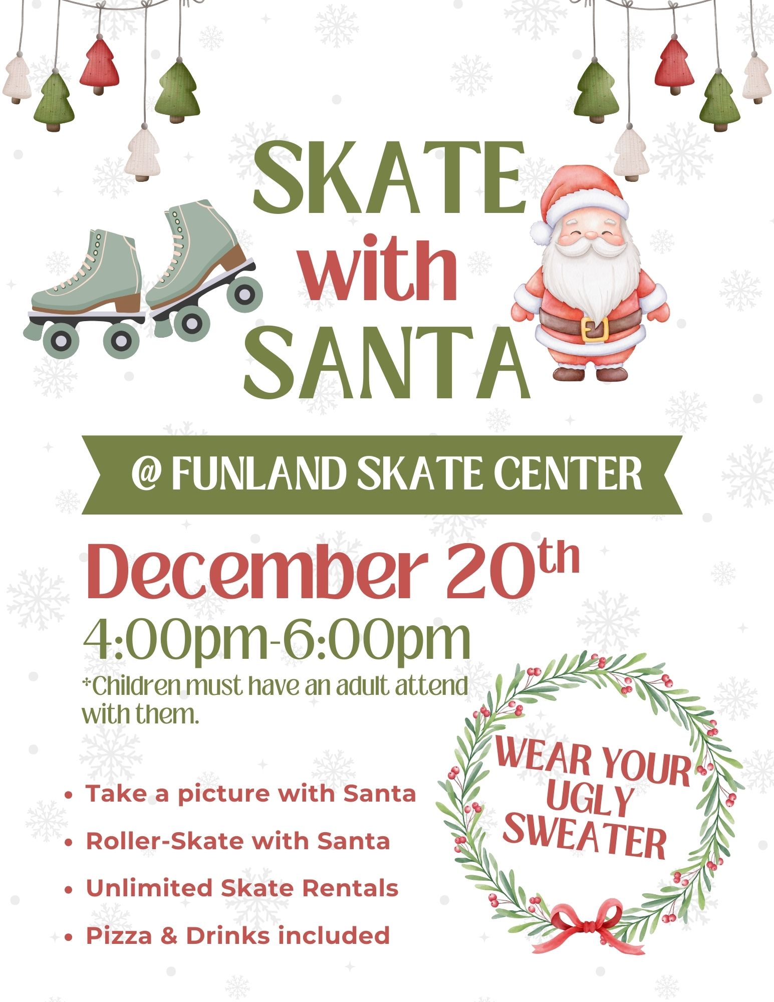 Skate with Santa flyer with roller skates and Santa greens and reds for December 20th Andover Central School